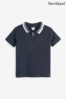 River Island Blue Mini Boys Textured Tipped Polo Shirt (649435) | OMR8