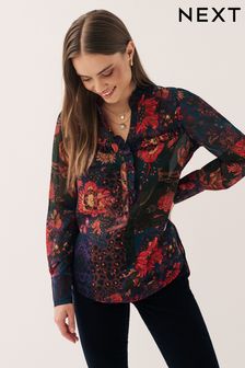 Purple Floral Patch Print Long Sleeve Ruffle Blouse (649793) | TRY 580