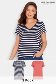 Long Tall Sally Navy Blue & Coral Pink Stripe 2 Pack Short Sleeve T-Shirts (651082) | €30