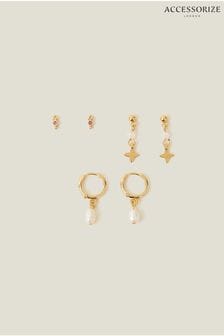 Accessorize 14-karätig vergoldete Perlenohrringe, 3er Pack, Rosa (652504) | 28 €