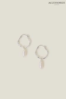 Accessorize Sterling Silver Plated Molten Pearl Drop Hoops (652905) | ₪ 91