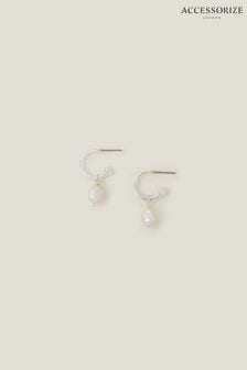 Accessorize Sterling Silver Chunky Pearl Drop Hoops (653441) | ₪ 70
