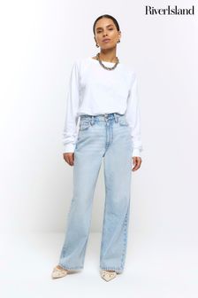 River Island Blue Petite High Rise Relaxed Straight Jeans (653691) | $88