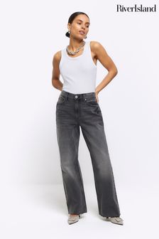 River Island Black Petite High Rise Relaxed Straight Jeans (653706) | $88