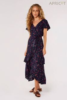Apricot Navy Blue Scattered Wildflower Layered Dress (655641) | MYR 234