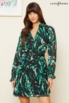 Love & Roses Textured Green Chiffon V Neck Elasticated Sleeve Belted Mini Dress (655780) | €74