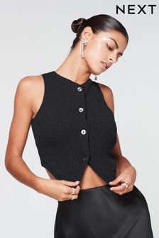 Black Button Front Textured Rib Soft Knit Stretch Jersey Waistcoat Top (656006) | 93 SAR