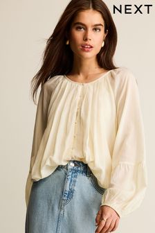 Pleat Front Button Through Long Sleeve Blouse