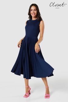 Closet London Blue V-Back Pleated Dress (658994) | 542 SAR