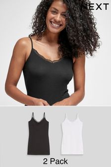 Black/White Lace Trim Cotton Blend Longline Vests 2 Pack (661190) | EGP486