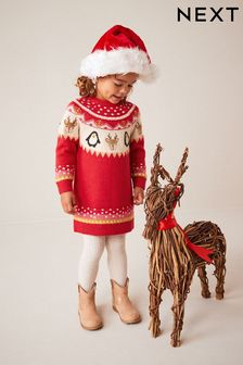 Red - Reindeer Knitted Jumper Dress (3mths-7yrs) (661357) | DKK195 - DKK240