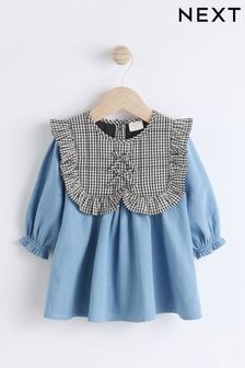 Denim/Gingham Tabbard Woven 100% Cotton Dress and Tights Set (0mths-2yrs) (661382) | $31 - $34