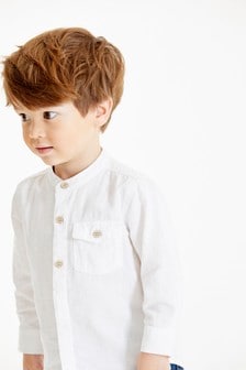 White Long Sleeve Linen Mix Grandad Shirt (3mths-7yrs) (661413) | $17 - $20