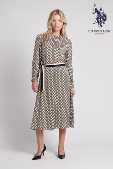 U.S. Polo Assn. Womens Tri Stripe Print Midi Brown Dress (661456) | $220