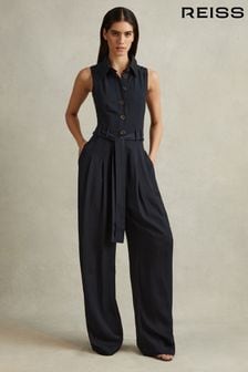 Reiss Navy Perla Belted Wide Leg Jumpsuit (662023) | $350