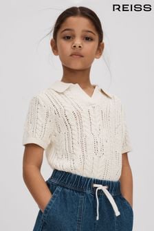 Reiss Ecru Eula Crochet Open Collar Polo Shirt (662129) | €50