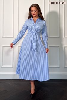 Girl In Mind Blue Stripe Isabella Abstract Tie Front Shirt Dress (662529) | €63