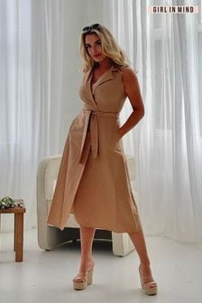 Naturfarben - Girl In Mind Callie Ärmelloses Midikleid aus Leinenmischung mit Bindegürtel (662649) | 72 €