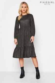 PixieGirl Petite Black Tiered Long Sleeve Midi Dress (663225) | 168 QAR