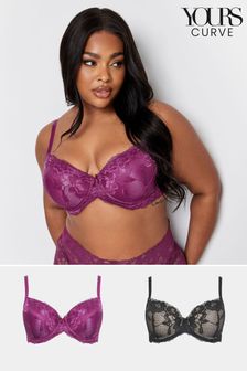 Yours Curve Purple & Black Satin Lace Padded Bras 2 Pack (663267) | LEI 233