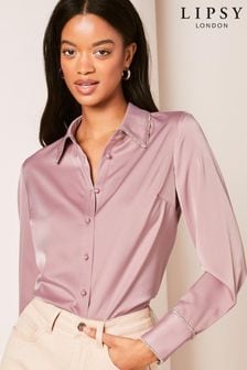 Lipsy Pink Petite Collared Button Through Diamante Shirt (664496) | $63