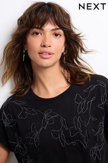 Black Short Sleeve Embroidered Sparkle T-Shirt (664636) | €12