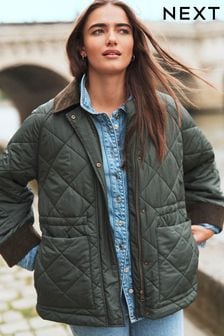 Khaki Green Quilted Cord Collar Shower Resistant Jacket (665251) | $122