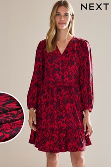 Imprimé plume rouge - Robe courte à manches longues à col en V (666393) | 33€