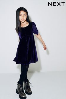 Purple Velvet Shirred Sleeve Dress (3-16yrs) (666730) | €17 - €22