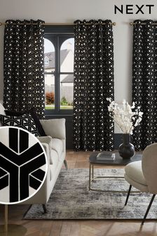 Black/White Next Geometric Lined Flocked Velvet Eyelet Curtains (667097) | AED375 - AED727