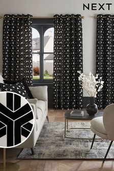 Black/White Next Geometric Lined Flocked Velvet Eyelet Curtains