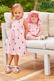 JoJo Maman Bébé Pink Girls' Strawberry Embroidered Gingham Dress (668692) | kr325