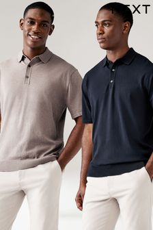 Neutral/Navy Knitted Regular Fit 2 Pack Polo Shirts (668938) | AED187