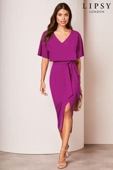 Pink - Lipsy V Neck Flutter Sleeve Belted Midi Dress (670656) | kr720