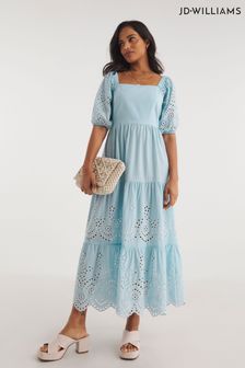 Jd Williams Gestuftes Kleid mit Lochstickerei und Puffärmeln, Blau (670707) | 38 €