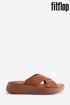 Fitflop F-mode Leather Flatform Cross Brown Slides (671183) | 716 LEI