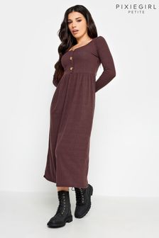 PixieGirl Petite Brown Long Sleeve Ribbed Button Midi Dress (671586) | AED177