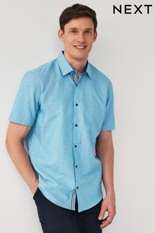 Blue Regular Fit Trimmed Linen Blend Short Sleeve Shirt (672549) | $53