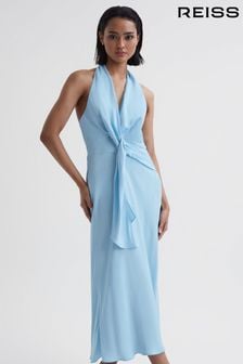 Reiss Blue Amber Halter Neck Tie Detail Midi Dress (672979) | €345