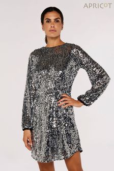 Apricot Silver Sequin Puff Sleeve Tie Waist Dress (673190) | SGD 77