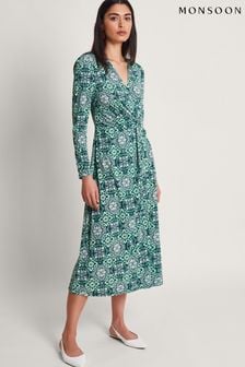 Monsoon Green Kit Print Wrap Dress (674007) | AED533