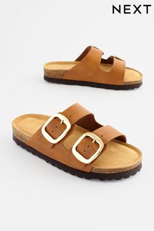Tan Brown Corkbed Double Strap Sandals (675124) | KRW36,300 - KRW51,200