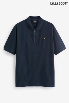 Lyle & Scott Navy Blue Plus Size Textured Zip Neck Polo Shirt