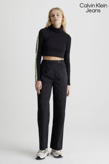 Czarne joggery Calvin Klein Jeans o luźnym kroju z wysokim stanem i paskiem z logo (677206) | 347 zł
