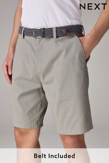 Sage Green Textured Cotton Blend Chino Shorts with Belt Included (677219) | $40