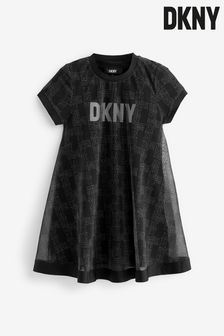 DKNY Two Layer Mesh Logo Black Dress