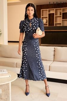 Lipsy Navy Blue White Polka Dot Printed Short Puff Sleeve Gathered Waist Jersey Midi Dress (677867) | $89