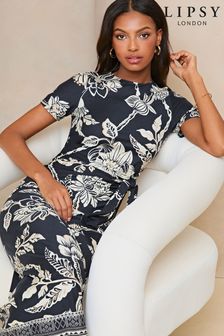 Lipsy Navy Blue Floral Short Sleeve Tie Side Midi Dress (677919) | €58