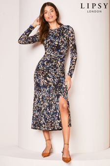 Marineblau - Lipsy Wadenlanges, geripptes Kleid mit Raffung und Print (677932) | 86 €