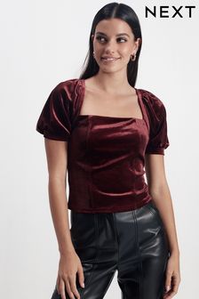 Różany - Aksamitna bluzka z kwadratowym dekoltem i bufiastymi rękawami (681058) | 65 zł